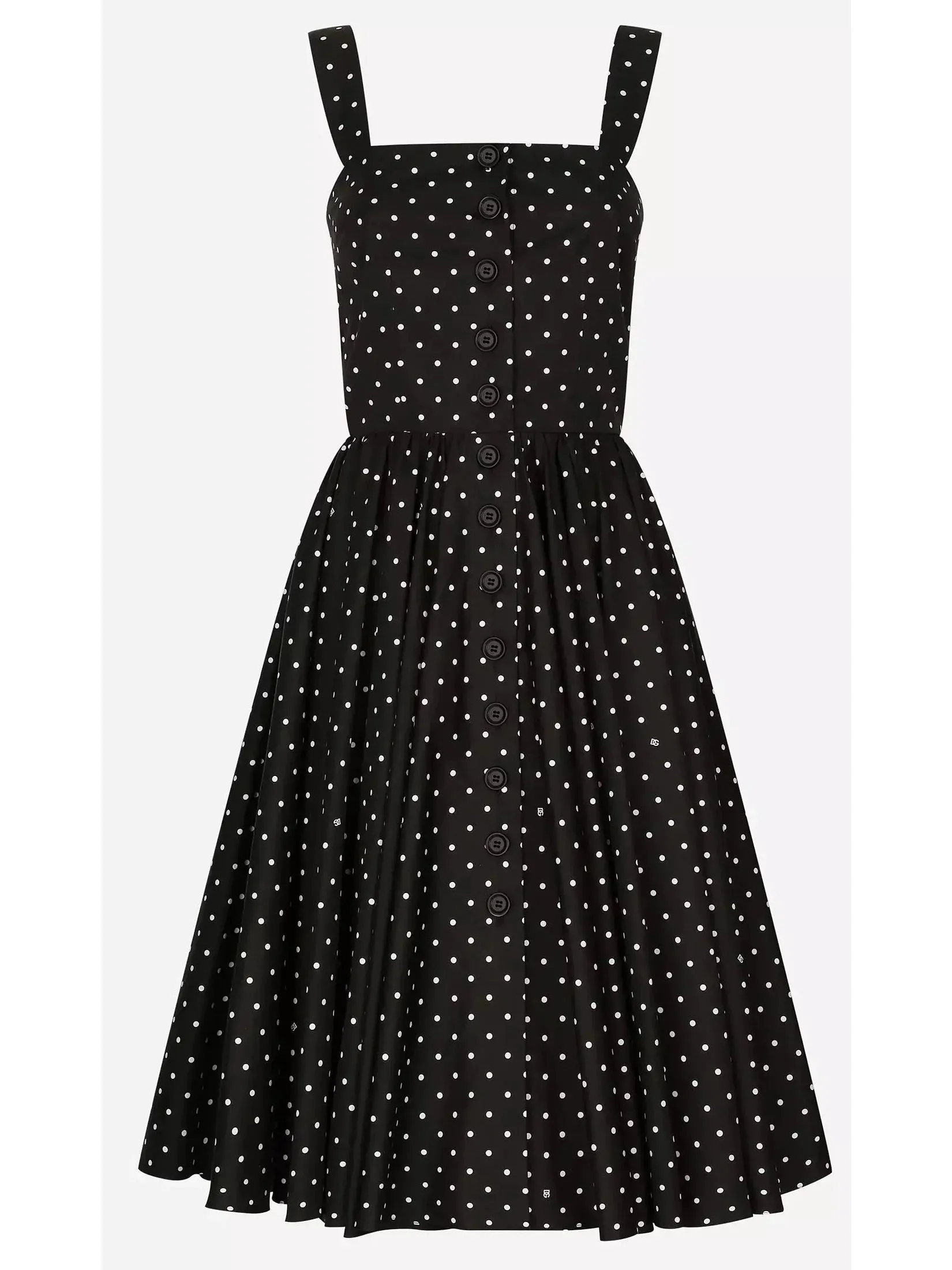 Women’s Black and White Calf-Length Cotton Poplin Dress with Polka-Dot Print