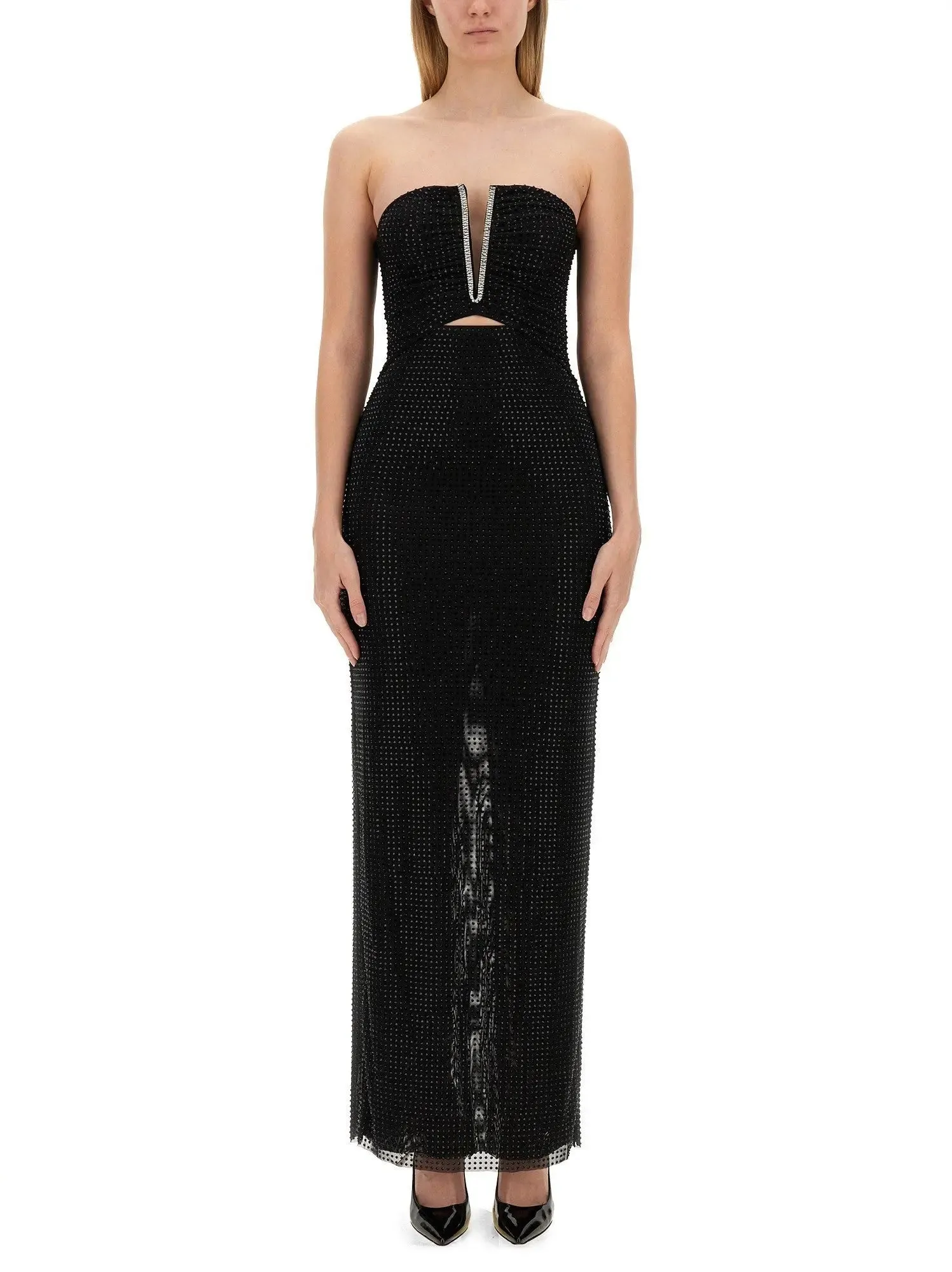Women’s Black Crystal-Embellished Cut-Out Strapless Maxi Dress