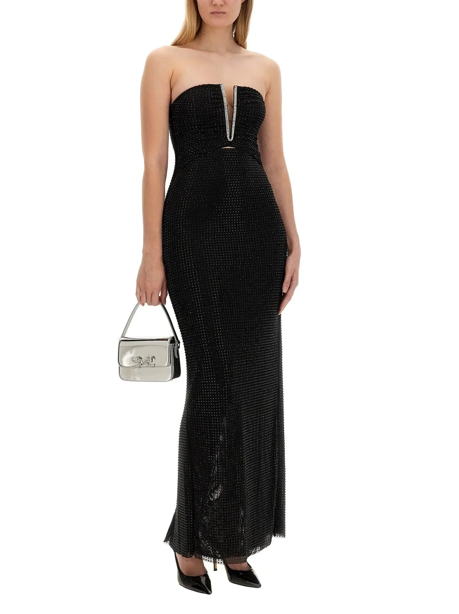 Women’s Black Crystal-Embellished Cut-Out Strapless Maxi Dress